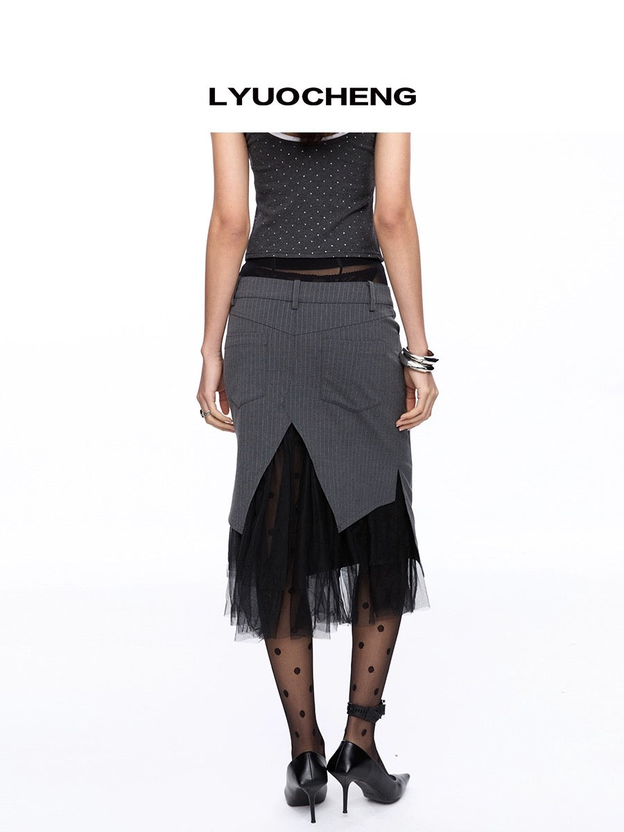 Gray Vertical Striped Patchwork Mesh Skirt