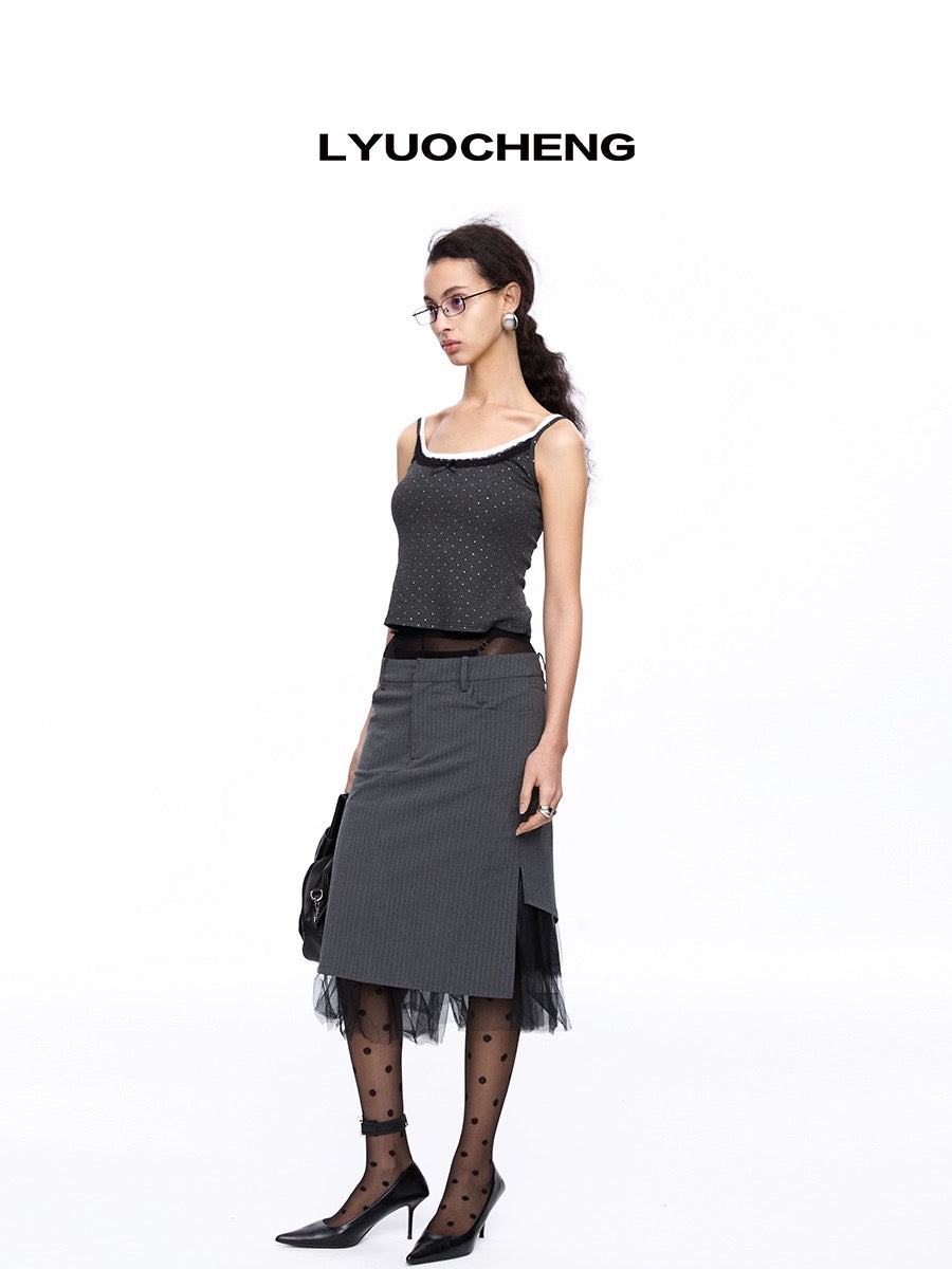 Gray Vertical Striped Patchwork Mesh Skirt