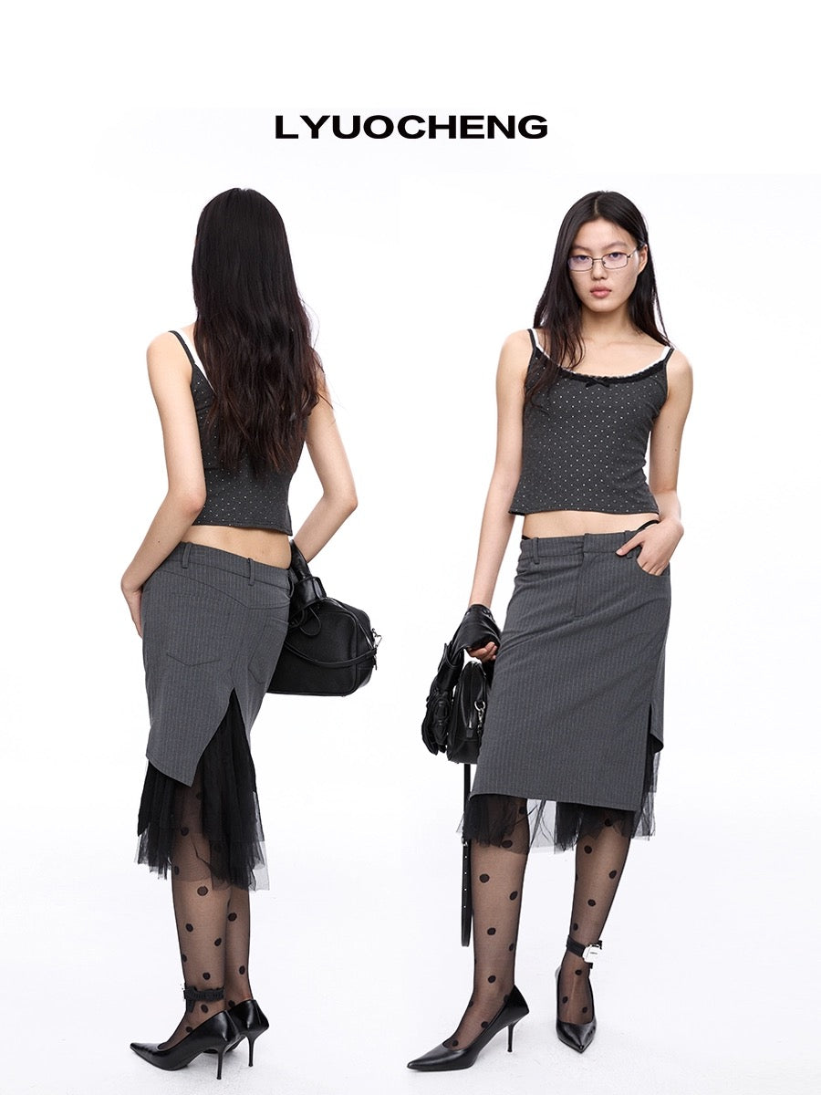 Gray Vertical Striped Patchwork Mesh Skirt